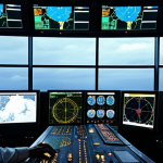 **A focused flight operations manager (male or female, 40s-50s) in a dimly lit, high-tech control room. Multiple large, glowing screens surround them, displaying intricate real-time global flight paths, dynamic weather radar, and complex data visualizations. Their expression is one of calm concentration and deep responsibility, reflecting the immense pressure and expertise required. The atmosphere is quiet yet intense, with subtle ambient light emanating from the displays. A distant silhouette of an airplane taking off or landing might be visible through a large window.**