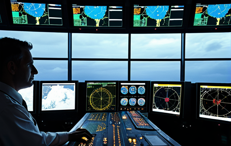 **A focused flight operations manager (male or female, 40s-50s) in a dimly lit, high-tech control room. Multiple large, glowing screens surround them, displaying intricate real-time global flight paths, dynamic weather radar, and complex data visualizations. Their expression is one of calm concentration and deep responsibility, reflecting the immense pressure and expertise required. The atmosphere is quiet yet intense, with subtle ambient light emanating from the displays. A distant silhouette of an airplane taking off or landing might be visible through a large window.**