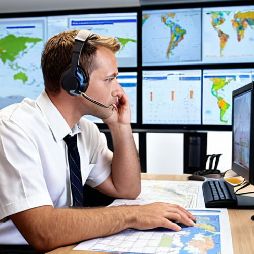 Home 23 **
A flight service specialist (Flugdienstberater) in a modern office, reviewing weather data and flight plans on multiple computer screens. He is communicating with a pilot via headset. The scene conveys a sense of meticulous planning and preparation, with maps and charts visible in the background. The overall atmosphere is calm and professional, emphasizing the specialist's role as a planner and coordinator. Use realistic lighting.
**