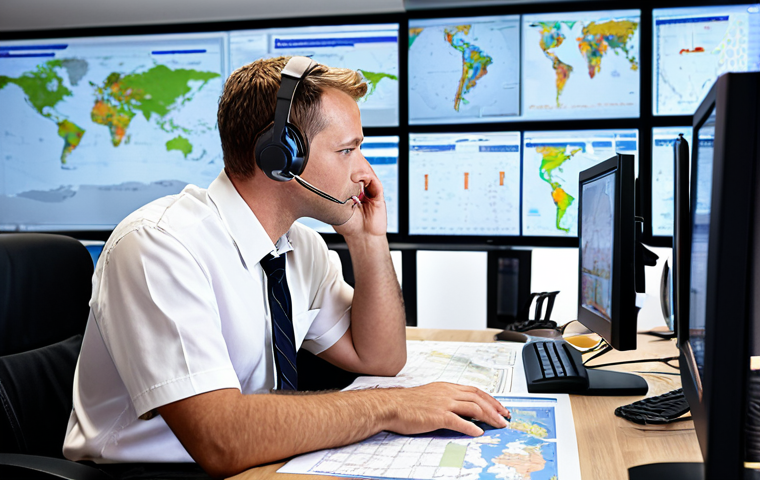 **
A flight service specialist (Flugdienstberater) in a modern office, reviewing weather data and flight plans on multiple computer screens. He is communicating with a pilot via headset. The scene conveys a sense of meticulous planning and preparation, with maps and charts visible in the background. The overall atmosphere is calm and professional, emphasizing the specialist's role as a planner and coordinator. Use realistic lighting.
**
