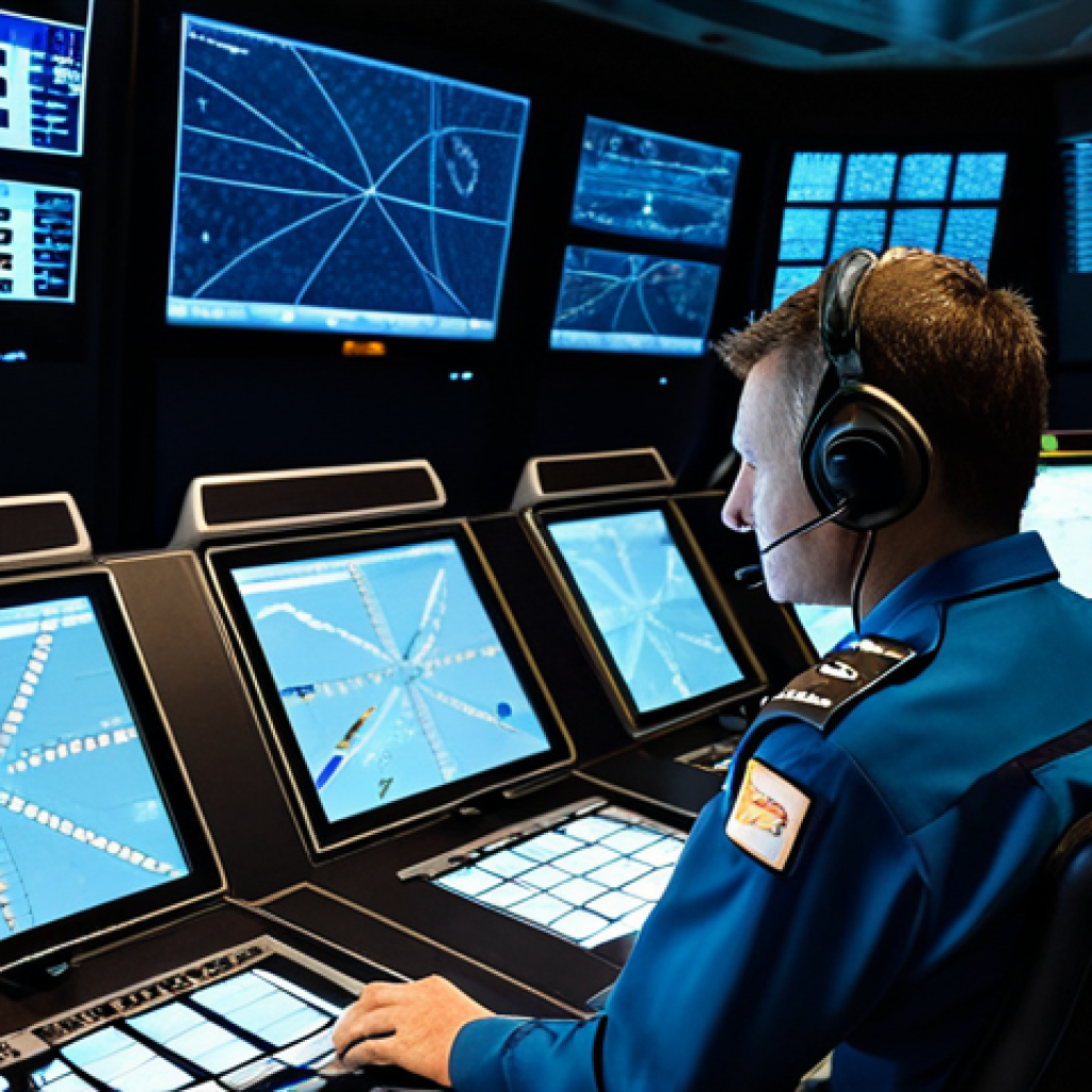 A highly focused professional air traffic controller, appearing to be in their 30s-40s, wearing a crisp, modest uniform with appropriate patches, seated at a sophisticated control console in a dimly lit, modern air traffic control tower. Multiple large, illuminated screens display complex real-time flight paths, radar blips, and numerical data across a dark, futuristic background. The atmosphere is calm but intensely concentrated. Professional photography, high-resolution, sharp focus, perfect anatomy, correct proportions, well-formed hands, proper finger count, natural body proportions, safe for work, appropriate content, fully clothed, professional.