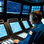 A highly focused professional air traffic controller, appearing to be in their 30s-40s, wearing a crisp, modest uniform with appropriate patches, seated at a sophisticated control console in a dimly lit, modern air traffic control tower. Multiple large, illuminated screens display complex real-time flight paths, radar blips, and numerical data across a dark, futuristic background. The atmosphere is calm but intensely concentrated. Professional photography, high-resolution, sharp focus, perfect anatomy, correct proportions, well-formed hands, proper finger count, natural body proportions, safe for work, appropriate content, fully clothed, professional.