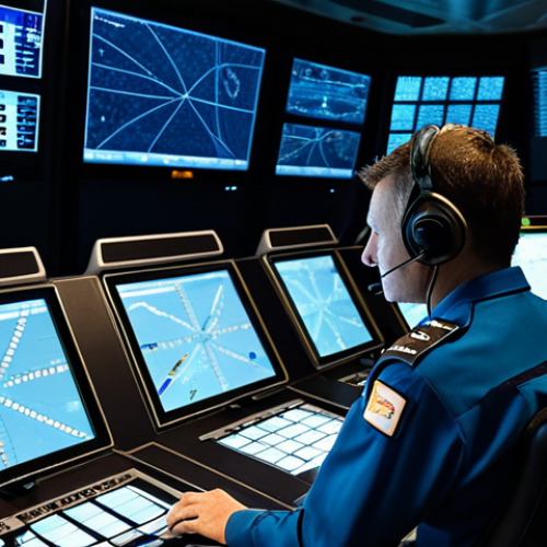 Home 21 A highly focused professional air traffic controller, appearing to be in their 30s-40s, wearing a crisp, modest uniform with appropriate patches, seated at a sophisticated control console in a dimly lit, modern air traffic control tower. Multiple large, illuminated screens display complex real-time flight paths, radar blips, and numerical data across a dark, futuristic background. The atmosphere is calm but intensely concentrated. Professional photography, high-resolution, sharp focus, perfect anatomy, correct proportions, well-formed hands, proper finger count, natural body proportions, safe for work, appropriate content, fully clothed, professional.