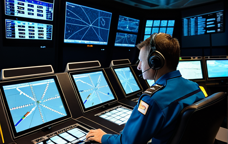 A highly focused professional air traffic controller, appearing to be in their 30s-40s, wearing a crisp, modest uniform with appropriate patches, seated at a sophisticated control console in a dimly lit, modern air traffic control tower. Multiple large, illuminated screens display complex real-time flight paths, radar blips, and numerical data across a dark, futuristic background. The atmosphere is calm but intensely concentrated. Professional photography, high-resolution, sharp focus, perfect anatomy, correct proportions, well-formed hands, proper finger count, natural body proportions, safe for work, appropriate content, fully clothed, professional.