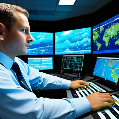 Home 10 A focused male flight dispatcher, fully clothed in a modest business shirt and tie, sitting in a state-of-the-art flight operations center. He is surrounded by multiple large, glowing screens displaying intricate real-time flight data, weather maps, and global aircraft tracking. His hands are naturally positioned on a console, indicating calm concentration. The lighting is ambient blue and green, reflecting off the screens, creating a high-tech atmosphere. Perfect anatomy, correct proportions, natural pose, well-formed hands, proper finger count, natural body proportions. Professional photography, high quality, safe for work, appropriate content, family-friendly.