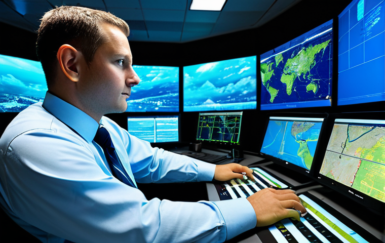 A focused male flight dispatcher, fully clothed in a modest business shirt and tie, sitting in a state-of-the-art flight operations center. He is surrounded by multiple large, glowing screens displaying intricate real-time flight data, weather maps, and global aircraft tracking. His hands are naturally positioned on a console, indicating calm concentration. The lighting is ambient blue and green, reflecting off the screens, creating a high-tech atmosphere. Perfect anatomy, correct proportions, natural pose, well-formed hands, proper finger count, natural body proportions. Professional photography, high quality, safe for work, appropriate content, family-friendly.