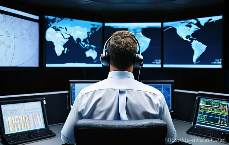 항공운항관리사 항공법 개요 - **A detailed, realistic portrayal of a male flight dispatcher in his late 30s, wearing a neat profes...