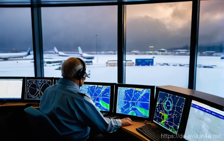 항공운항관리사 경력직 지원 - **Prompt 1: Crisis Management in a Winter Storm**
    "A photorealistic image of an experienced male...