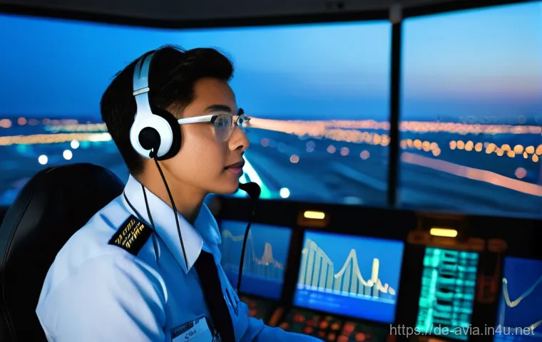 항공운항관리사 시험 대비 학습법 - **A highly focused air traffic controller in a modern control tower, overseeing a bustling airport a...