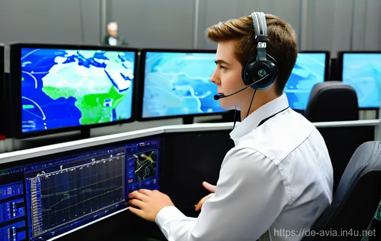 항공운항관리사 시험 대비 학습법 - **A highly focused air traffic controller in a modern control tower, overseeing a bustling airport a...