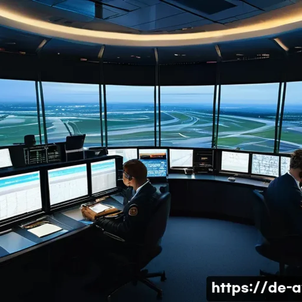 항공운항관리사 응급 상황 대처 - A modern air traffic control tower interior during a high-pressure emergency situation, featuring a ...