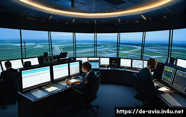항공운항관리사 응급 상황 대처 - A modern air traffic control tower interior during a high-pressure emergency situation, featuring a ...