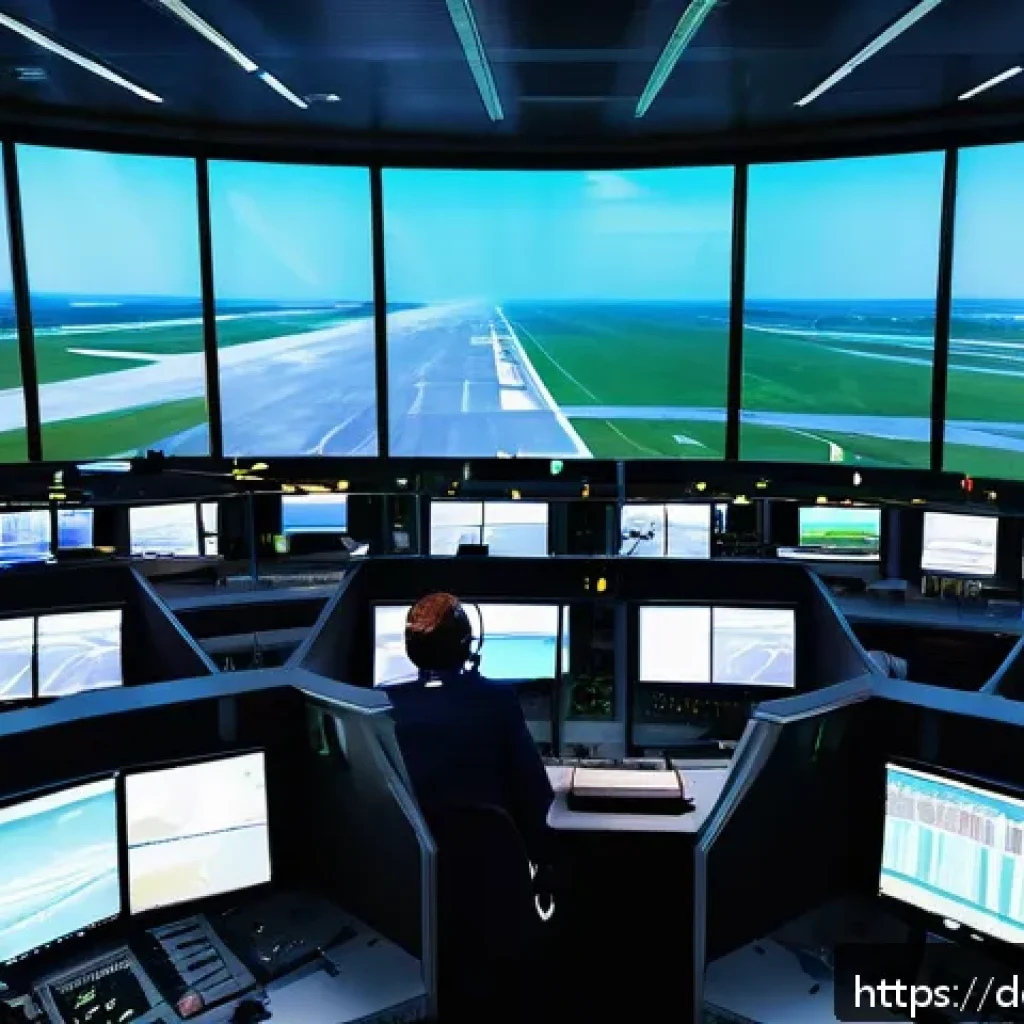 항공운항관리사 교육 자료 공유 - A modern air traffic control center interior during a busy shift: multiple large digital screens dis...
