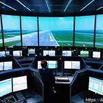 Home 21 항공운항관리사 교육 자료 공유 - A modern air traffic control center interior during a busy shift: multiple large digital screens dis...