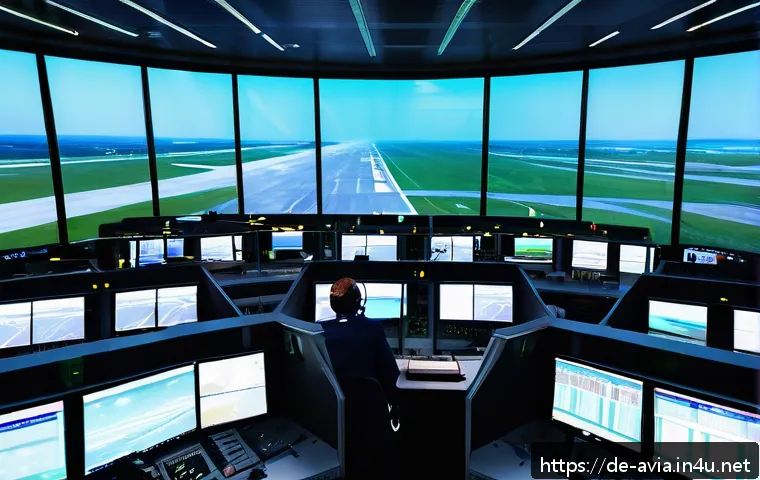 항공운항관리사 교육 자료 공유 - A modern air traffic control center interior during a busy shift: multiple large digital screens dis...