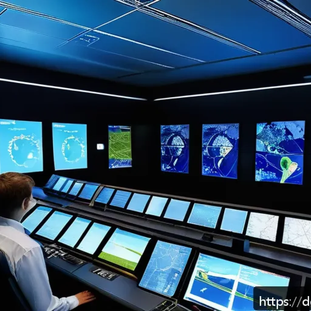 항공운항관리사와 항공 인프라 - A highly detailed digital air traffic control center in Germany, showcasing multiple large high-reso...