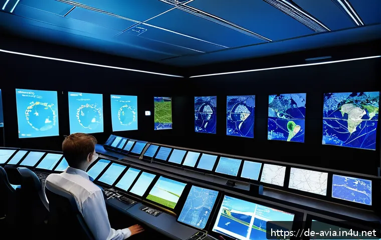 항공운항관리사와 항공 인프라 - A highly detailed digital air traffic control center in Germany, showcasing multiple large high-reso...