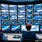 Home 19 항공운항관리사와 무인 항공기 운영 - A high-tech drone traffic control center in Germany, featuring large digital screens displaying real...
