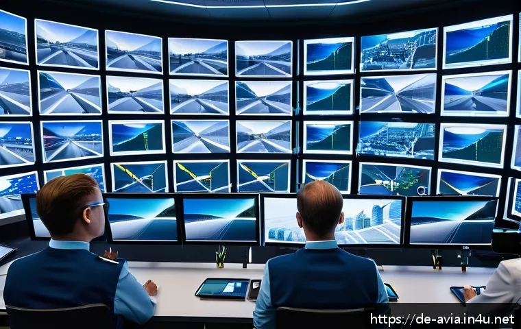 항공운항관리사와 무인 항공기 운영 - A high-tech drone traffic control center in Germany, featuring large digital screens displaying real...