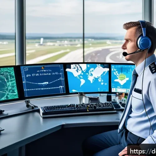 Home 30 항공운항관리사 플라이트 플랜 작성법 - A professional air traffic controller in a modern control tower overlooking a busy international air...
