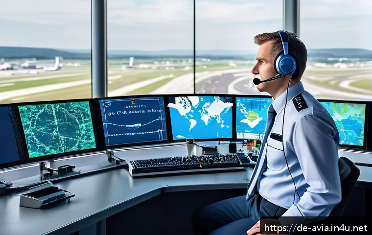 항공운항관리사 플라이트 플랜 작성법 - A professional air traffic controller in a modern control tower overlooking a busy international air...