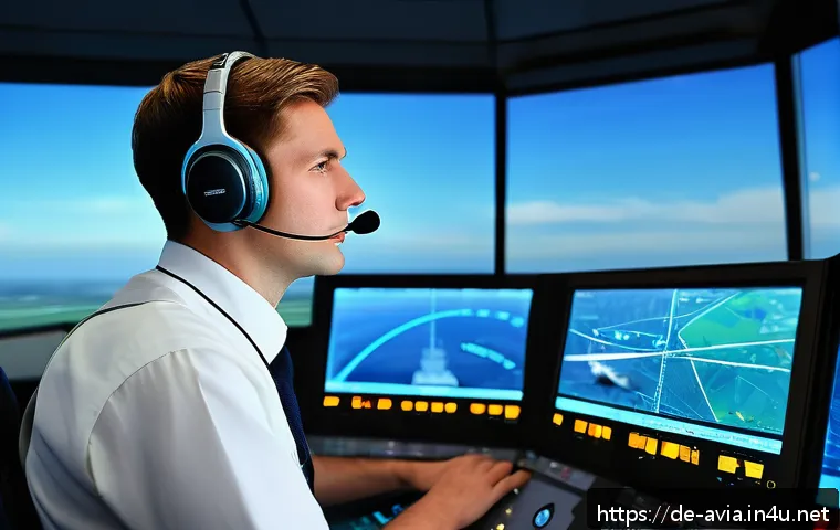 항공운항관리사 자격증 후기 - A highly detailed scene inside a busy European airport control tower during daytime, featuring a you...