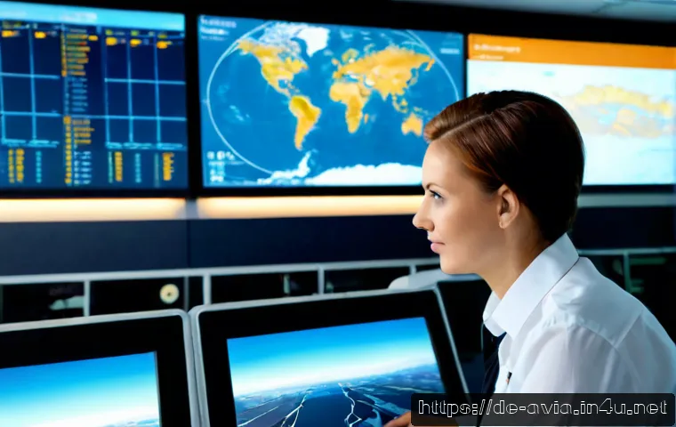 항공운항관리사와 최신 항공 동향 - Photorealistic modern airline operations control center in Germany, a focused flight operations disp...