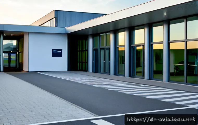 항공운항관리사 시험 장소 정보 - Photorealistic wide exterior of a modern German aviation examination center near an airport, clear e...